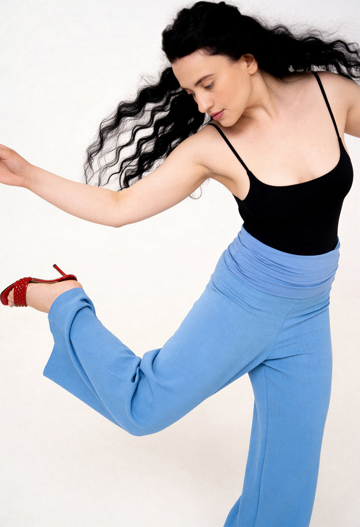 Fold-over Wide Leg Pants - Light Blue