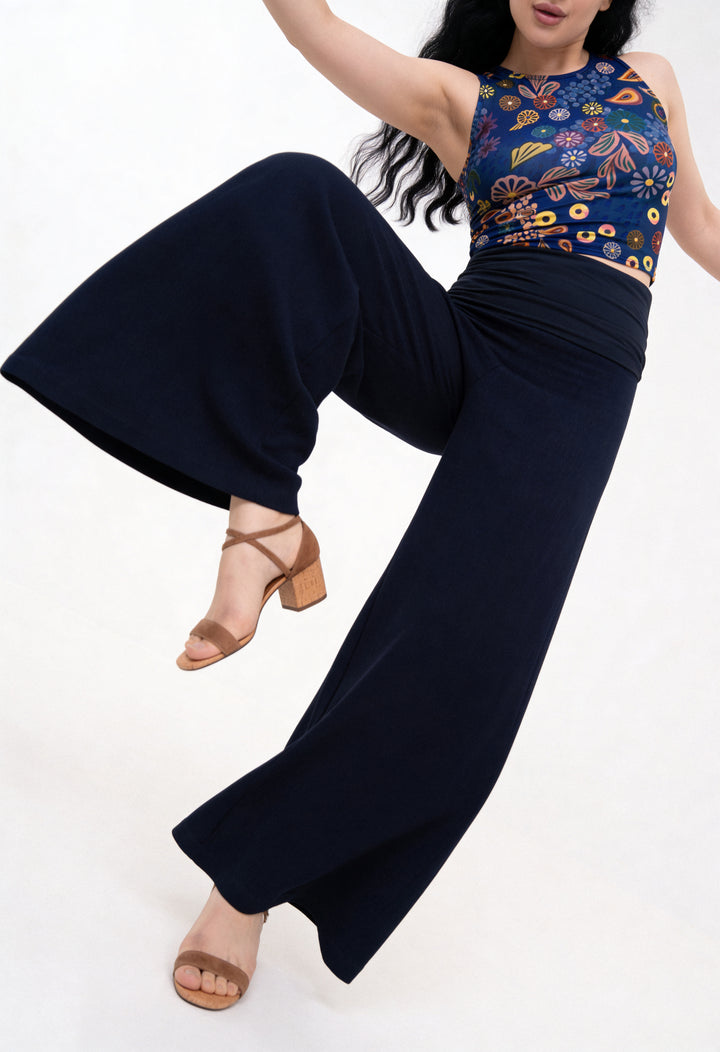 Fold-over Wide Leg Pants - Navy