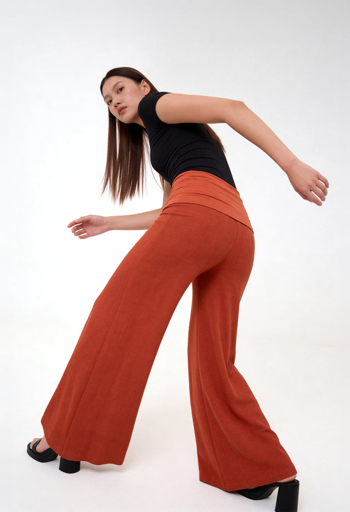 Fold-over Wide Leg Pants - Terracotta