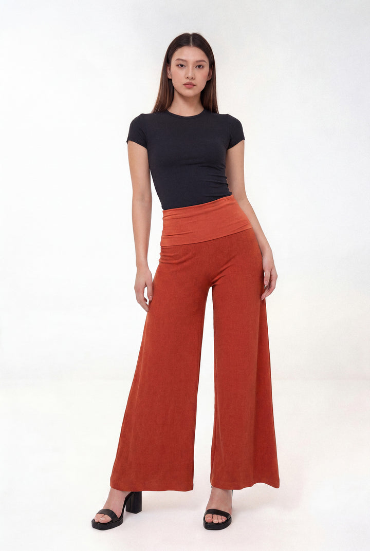 Fold-over Wide Leg Pants - Terracotta