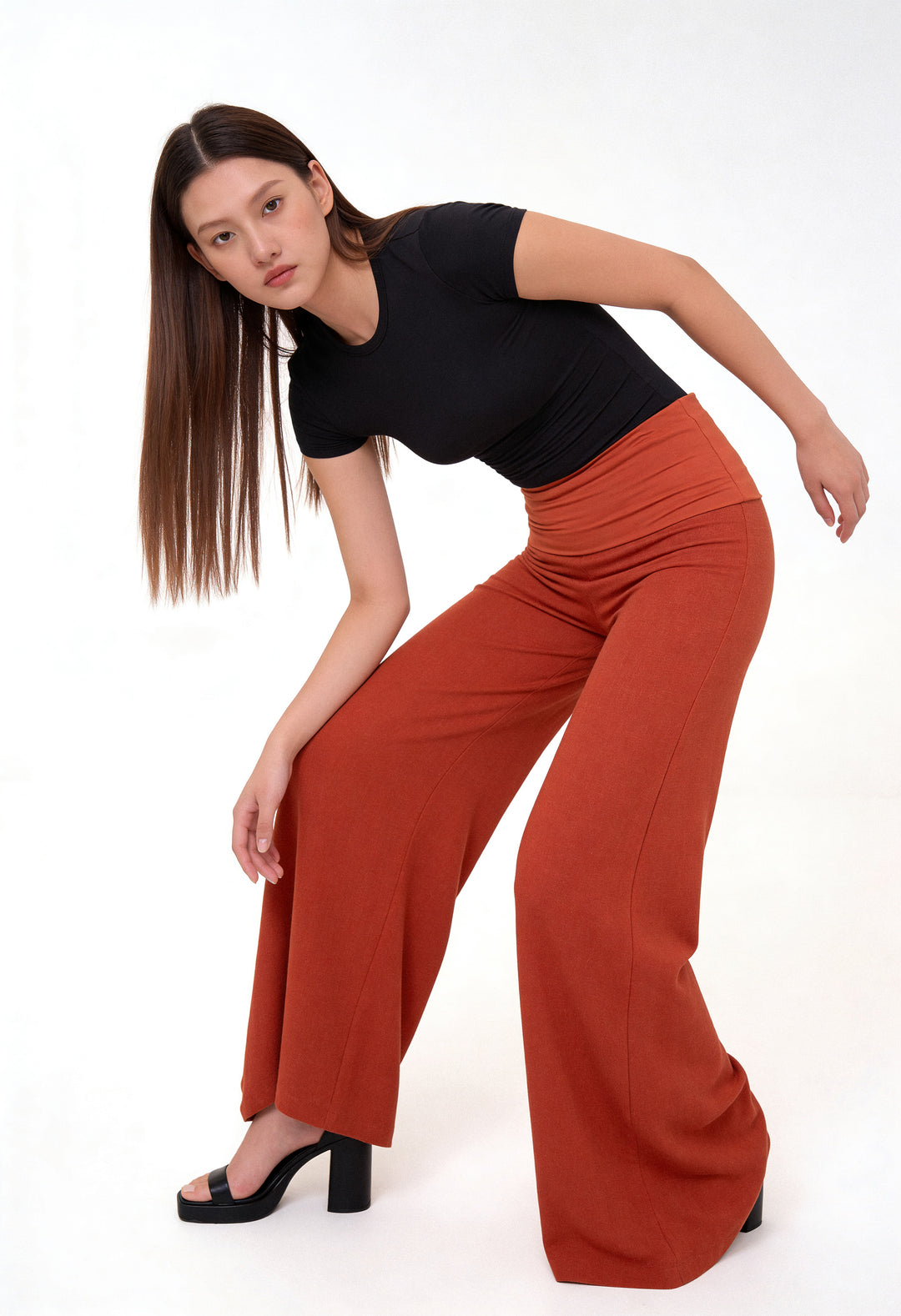 Fold-over Wide Leg Pants - Terracotta