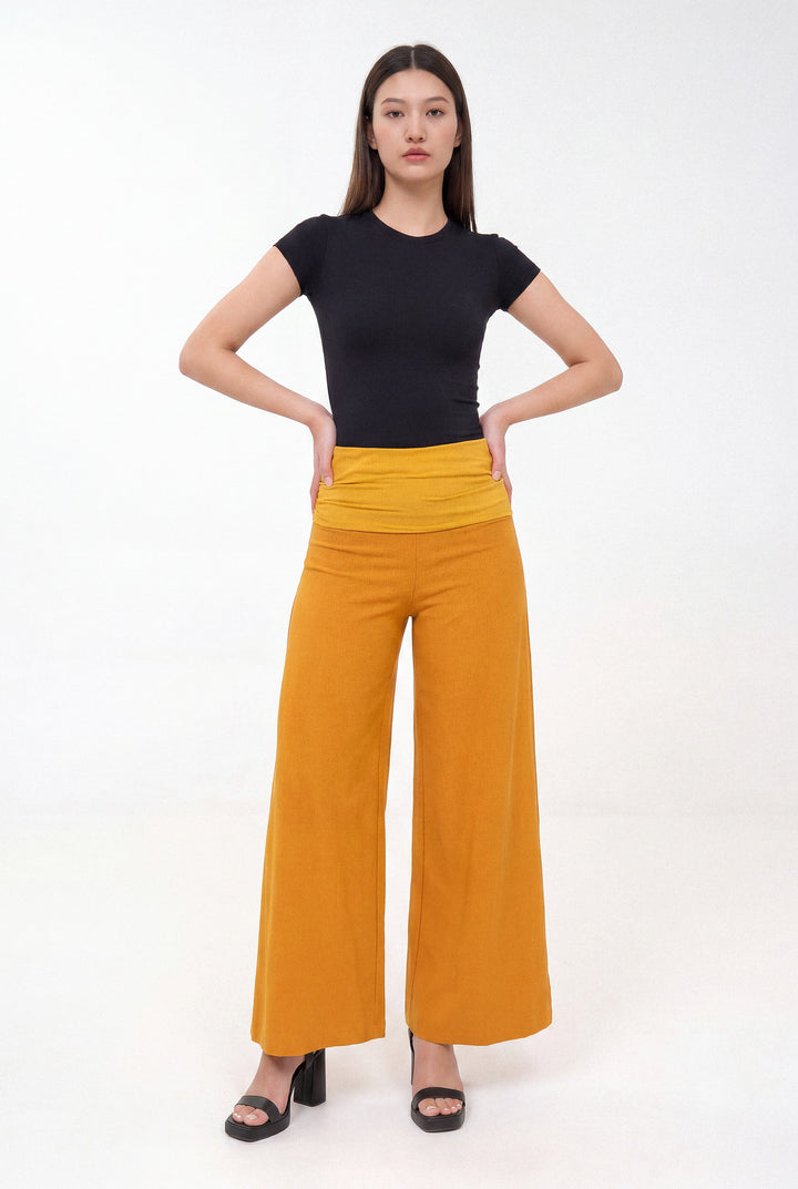 Fold-over Wide Leg Pants - Yellow