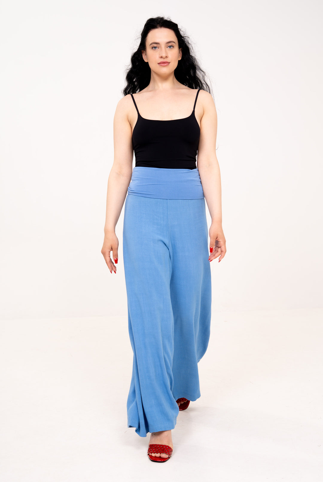 Fold-over Wide Leg Pants - Light Blue
