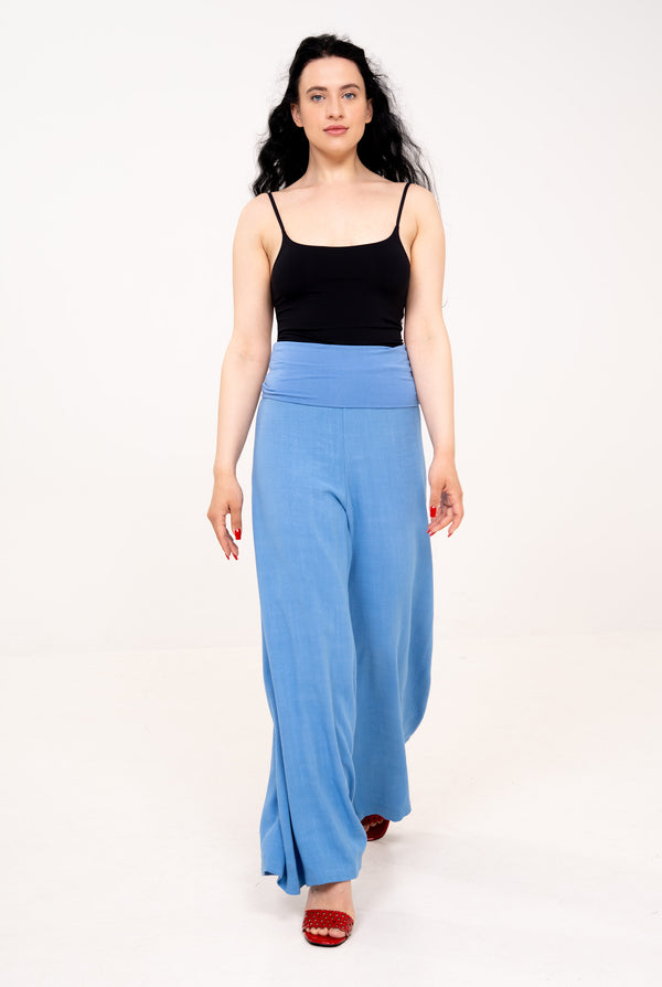 Fold-over Wide Leg Pants - Light Blue