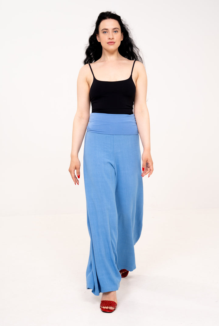 Fold-over Wide Leg Pants - Light Blue