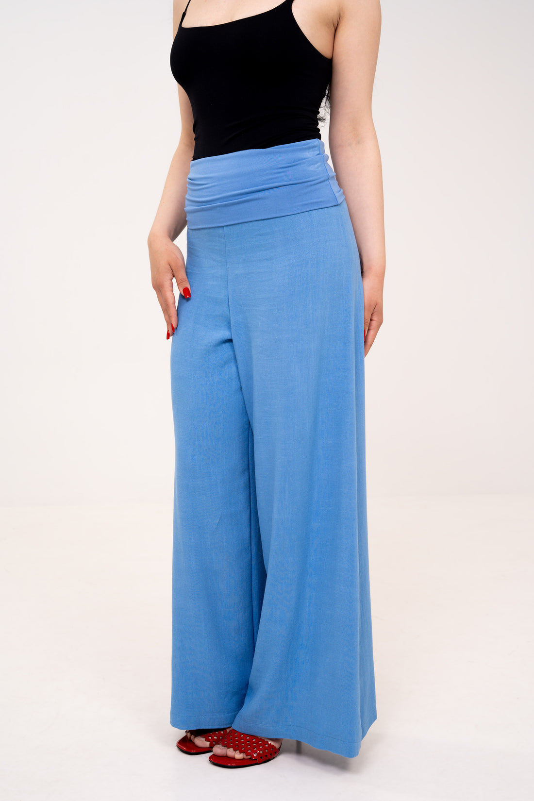 Fold-over Wide Leg Pants - Light Blue