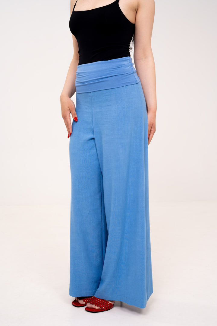 Fold-over Wide Leg Pants - Light Blue
