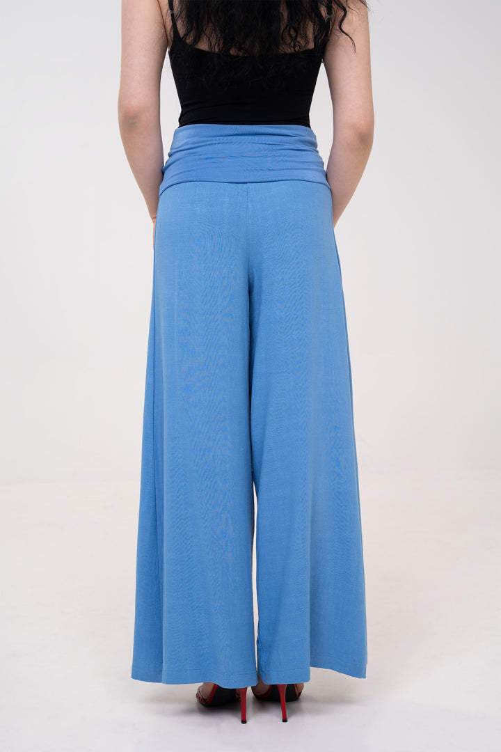 Fold-over Wide Leg Pants - Light Blue