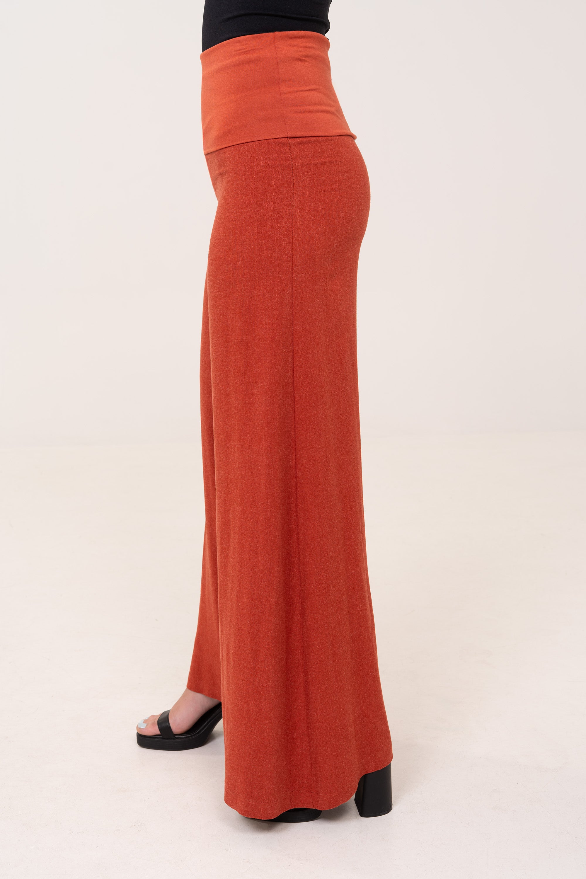 Fold-over Wide Leg Pants - Terracotta
