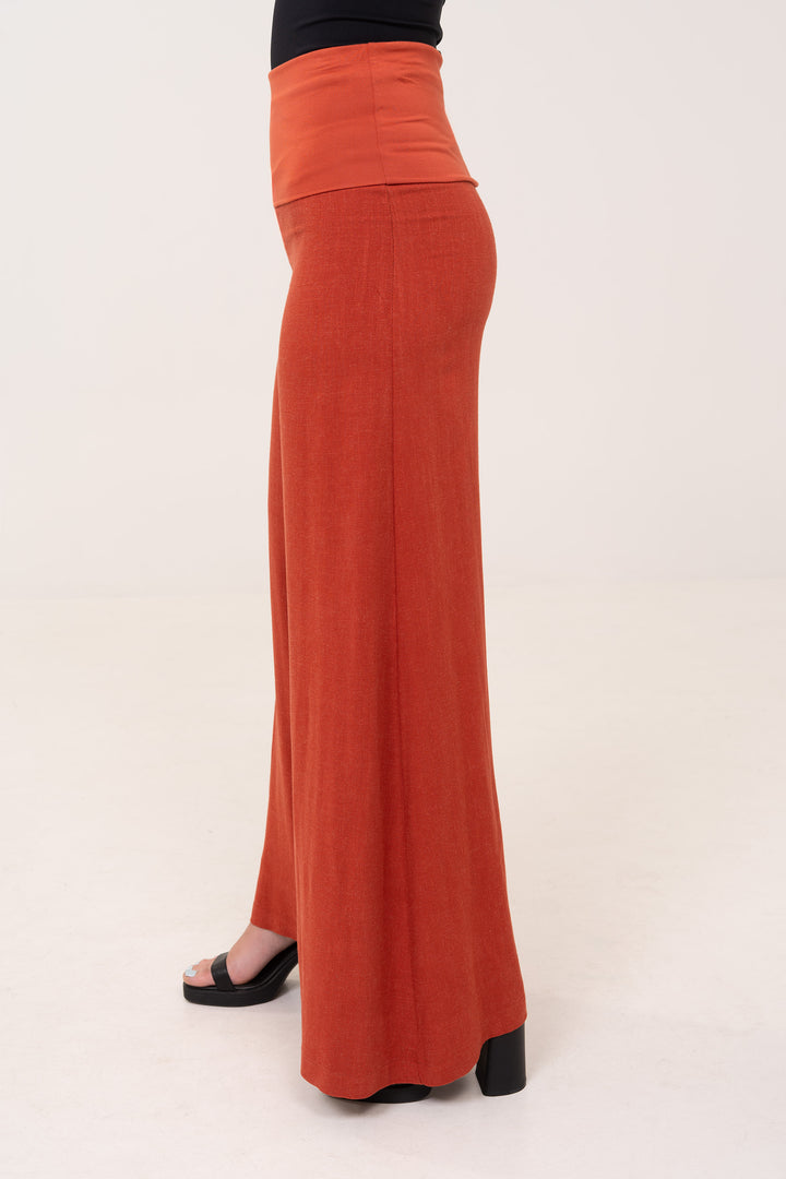 Fold-over Wide Leg Pants - Terracotta