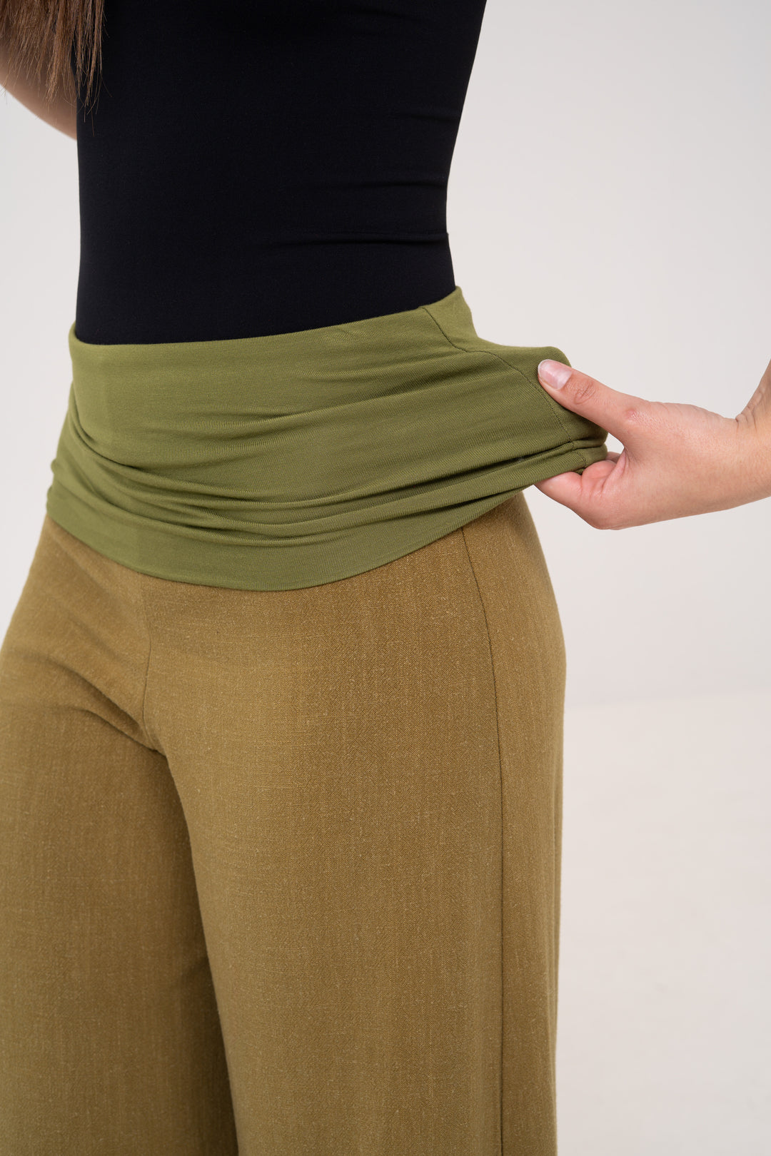 Fold-over Wide Leg Pants - Green