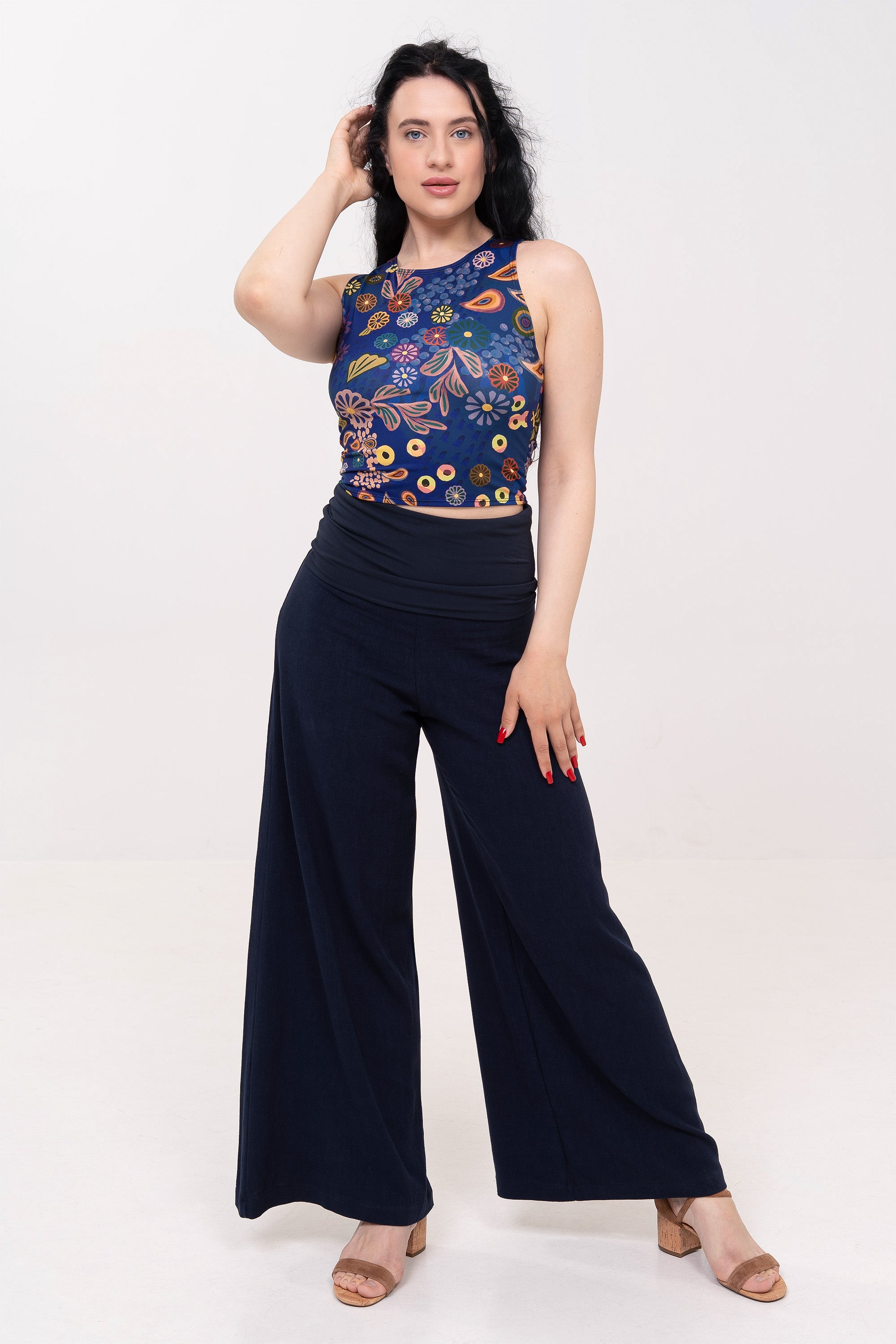 Fold-over Wide Leg Pants - Navy