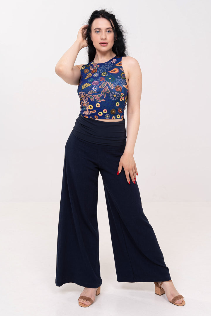 Fold-over Wide Leg Pants - Navy
