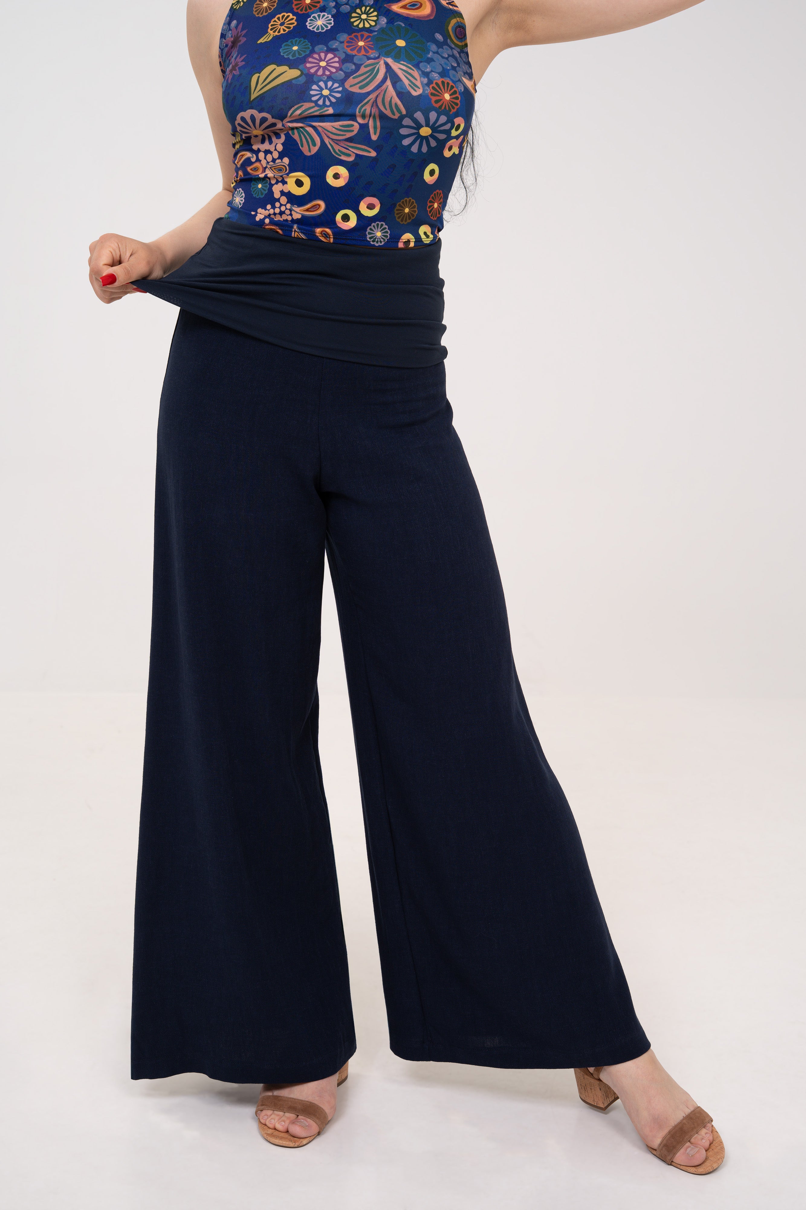 Fold-over Wide Leg Pants - Navy