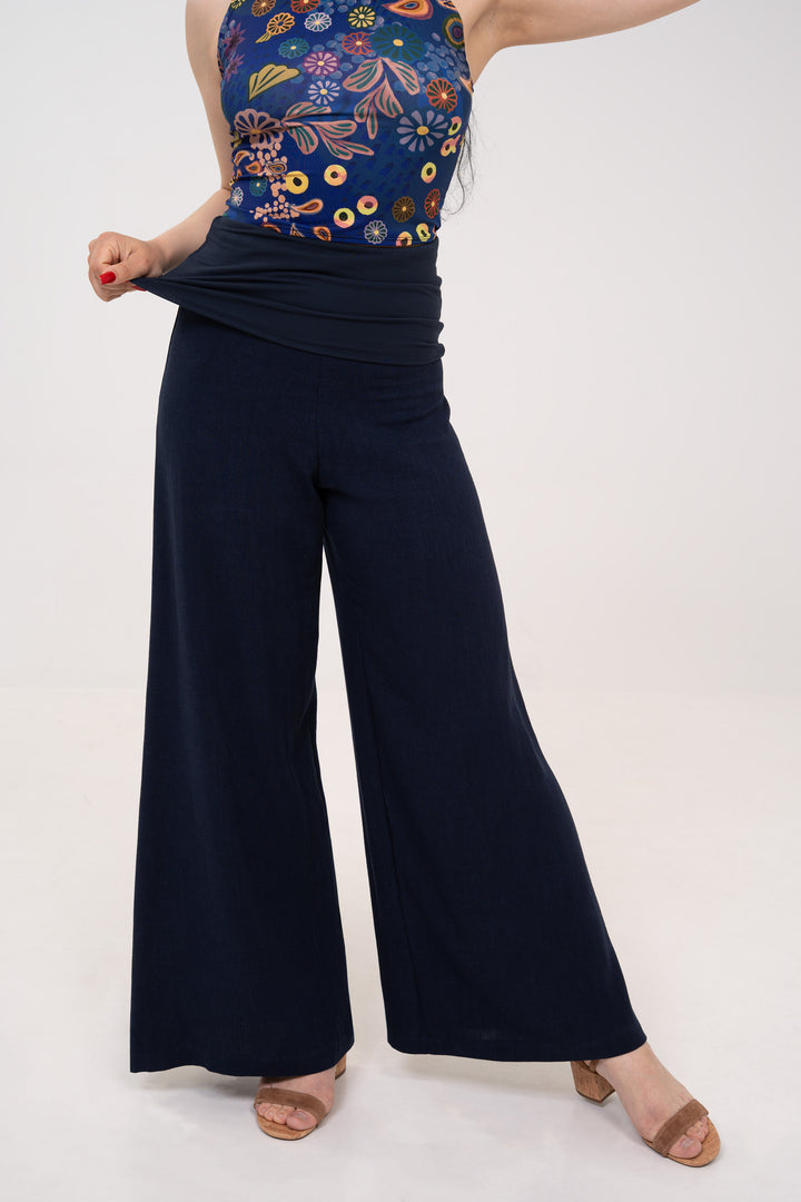 Fold-over Wide Leg Pants - Navy