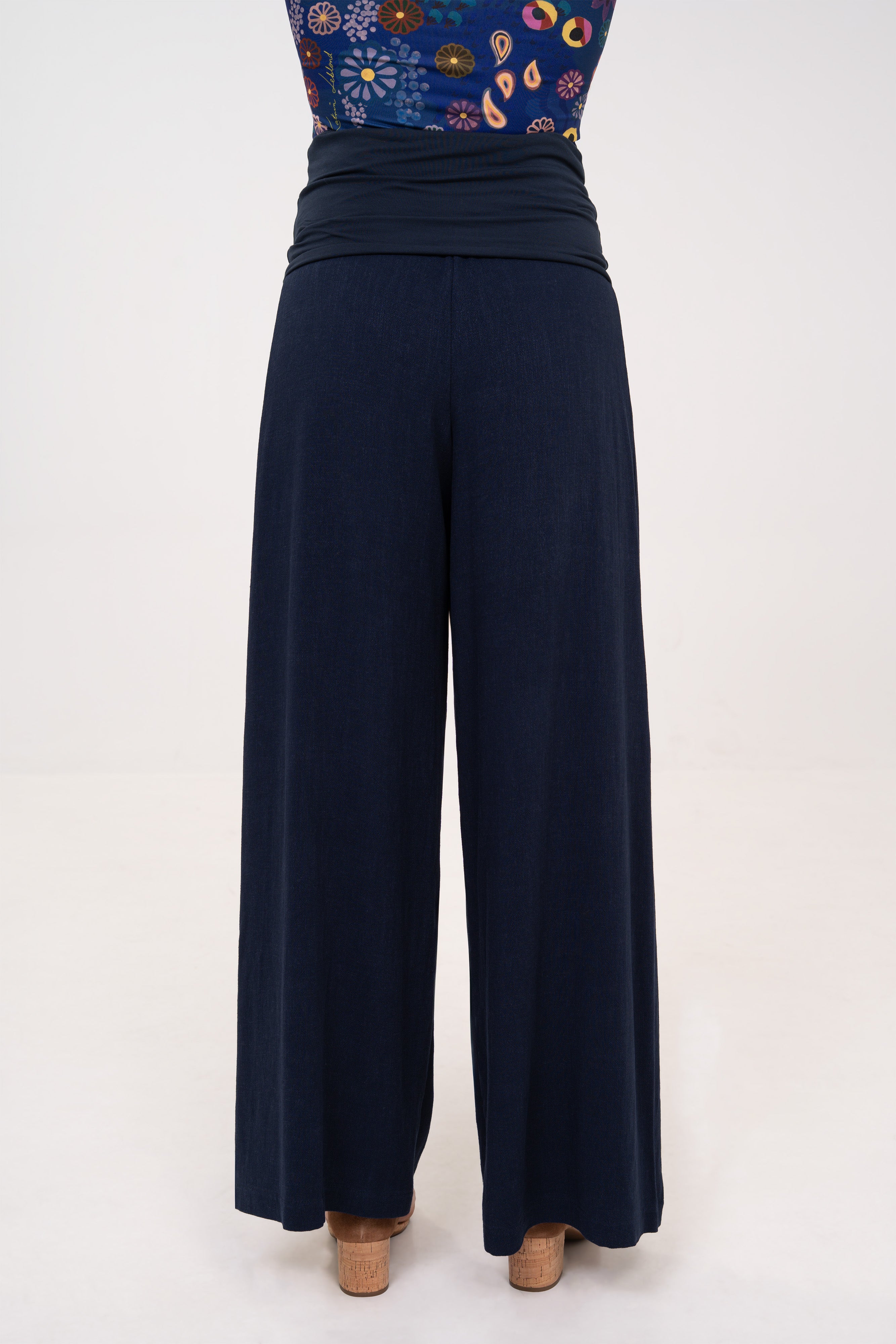Fold-over Wide Leg Pants - Navy