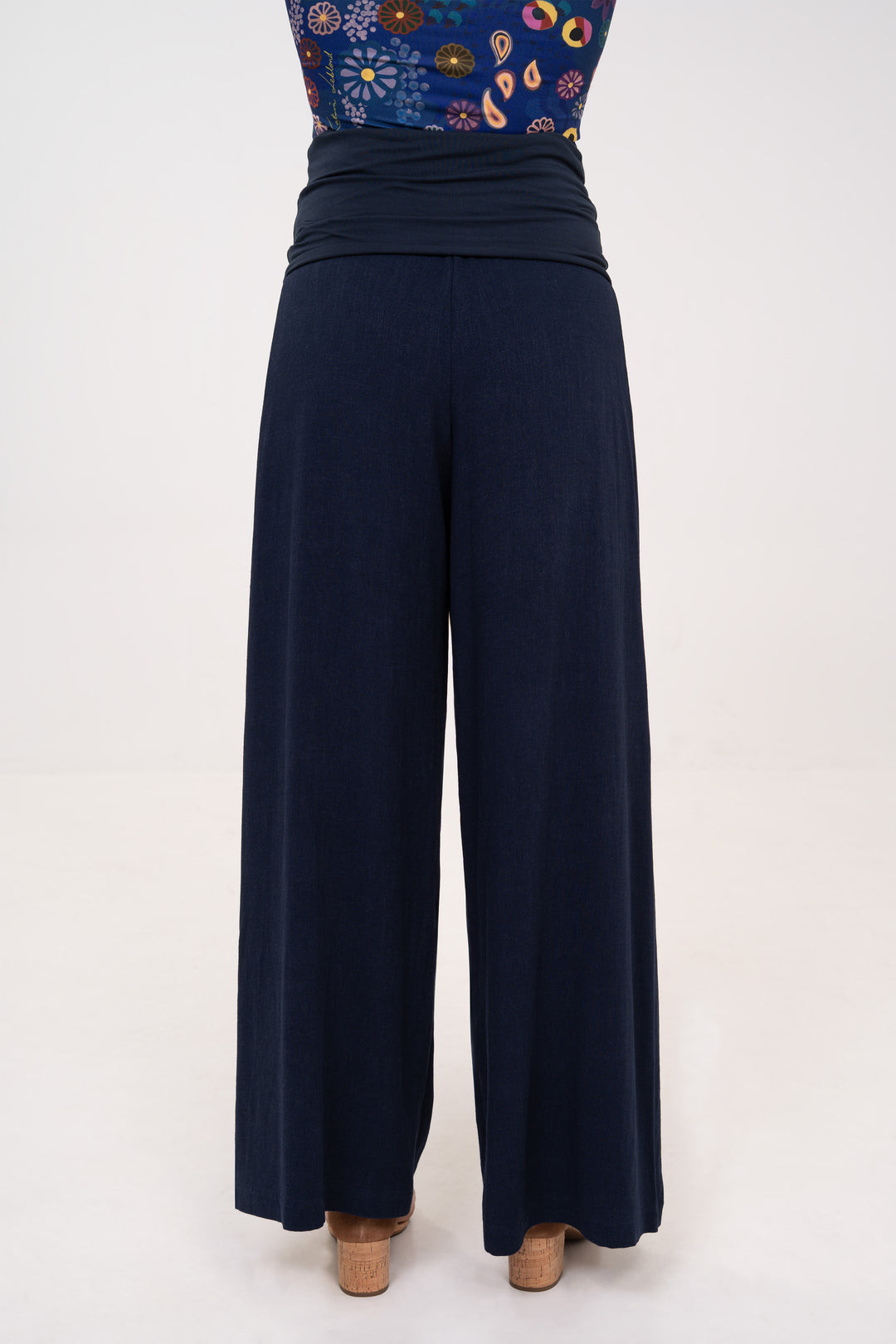 Fold-over Wide Leg Pants - Navy