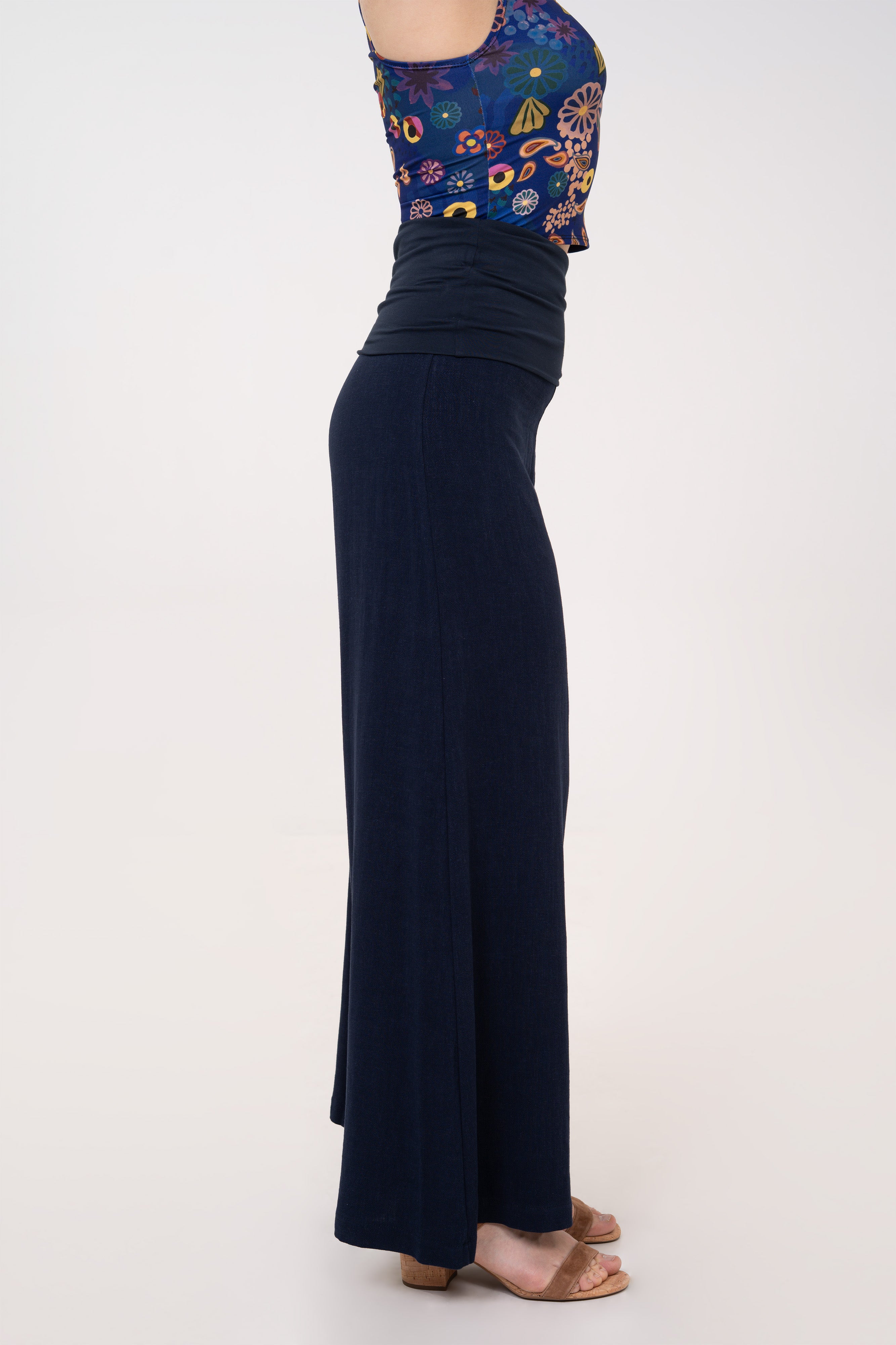 Fold-over Wide Leg Pants - Navy