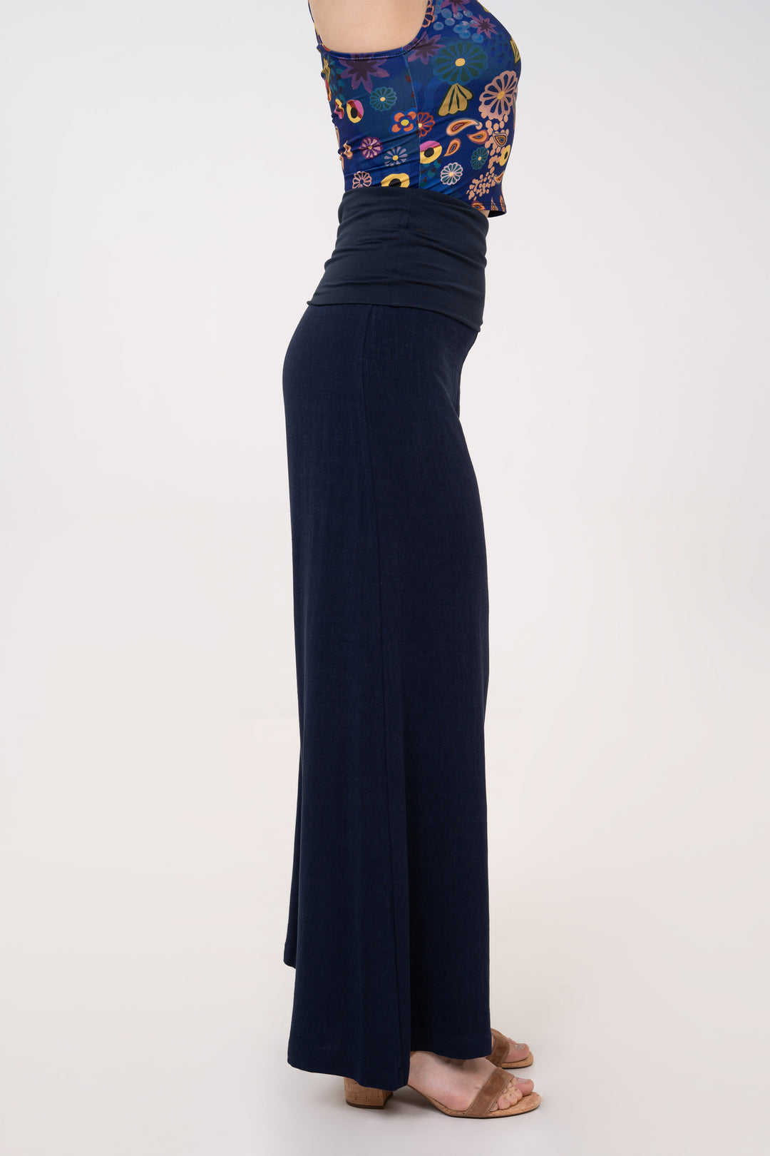 Fold-over Wide Leg Pants - Navy