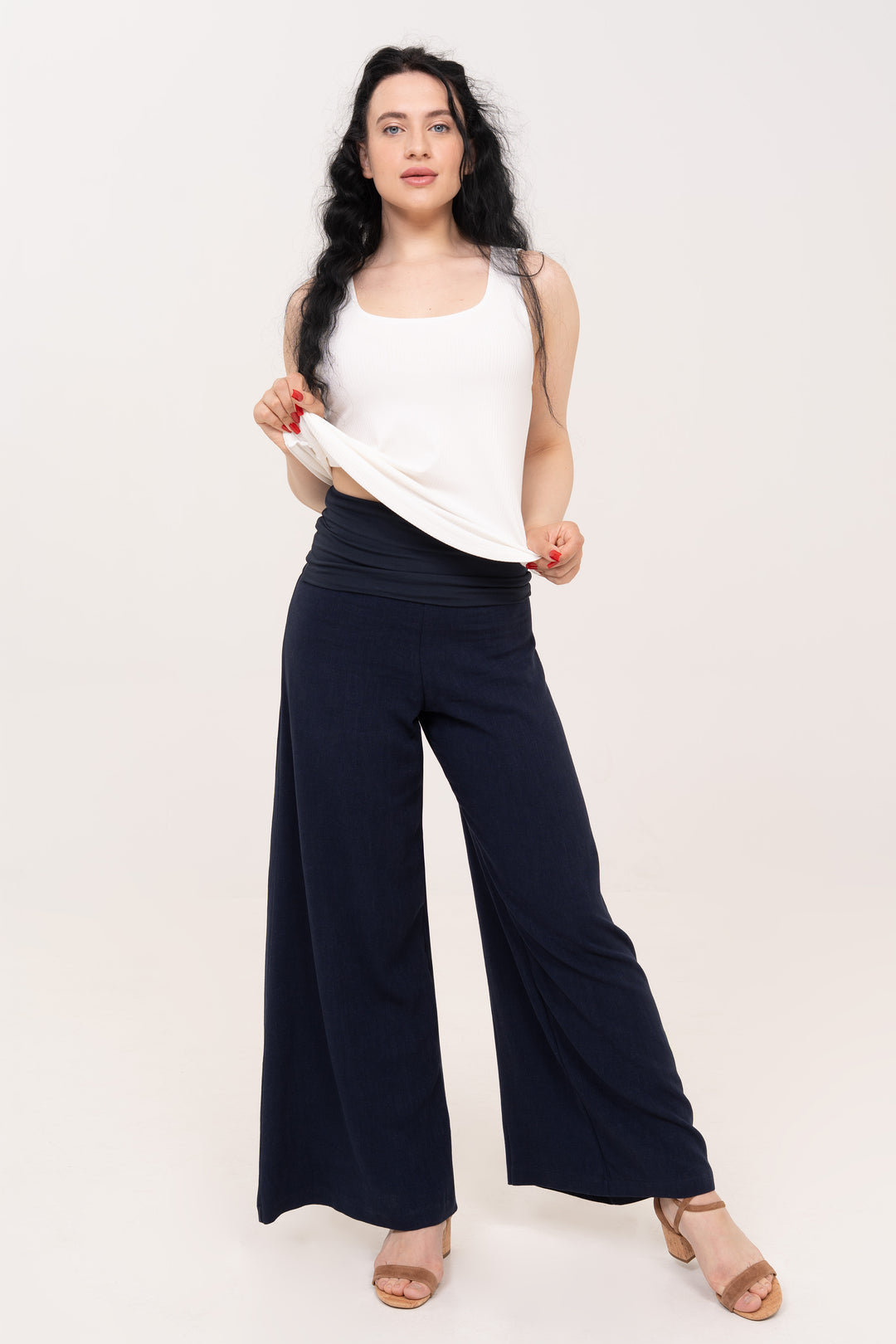 Fold-over Wide Leg Pants - Navy
