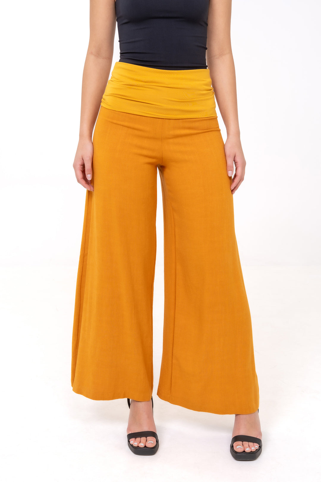 Fold-over Wide Leg Pants - Yellow