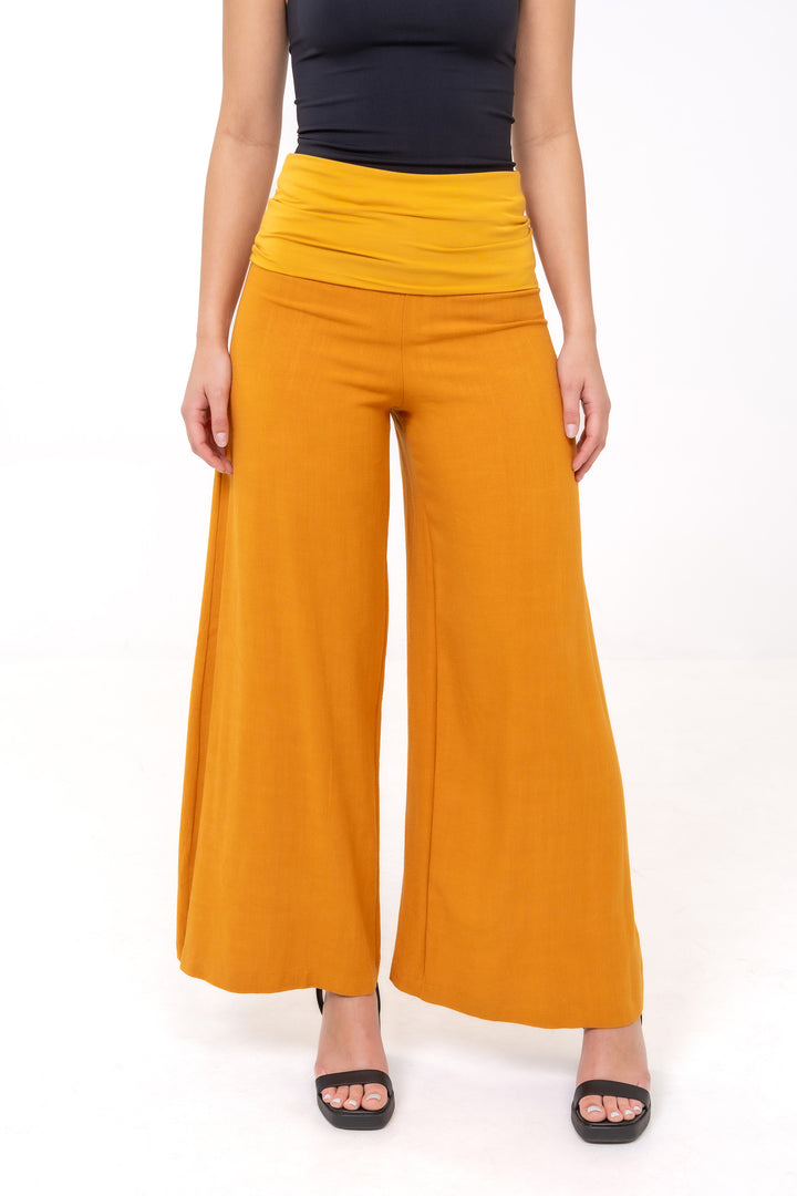 Fold-over Wide Leg Pants - Yellow