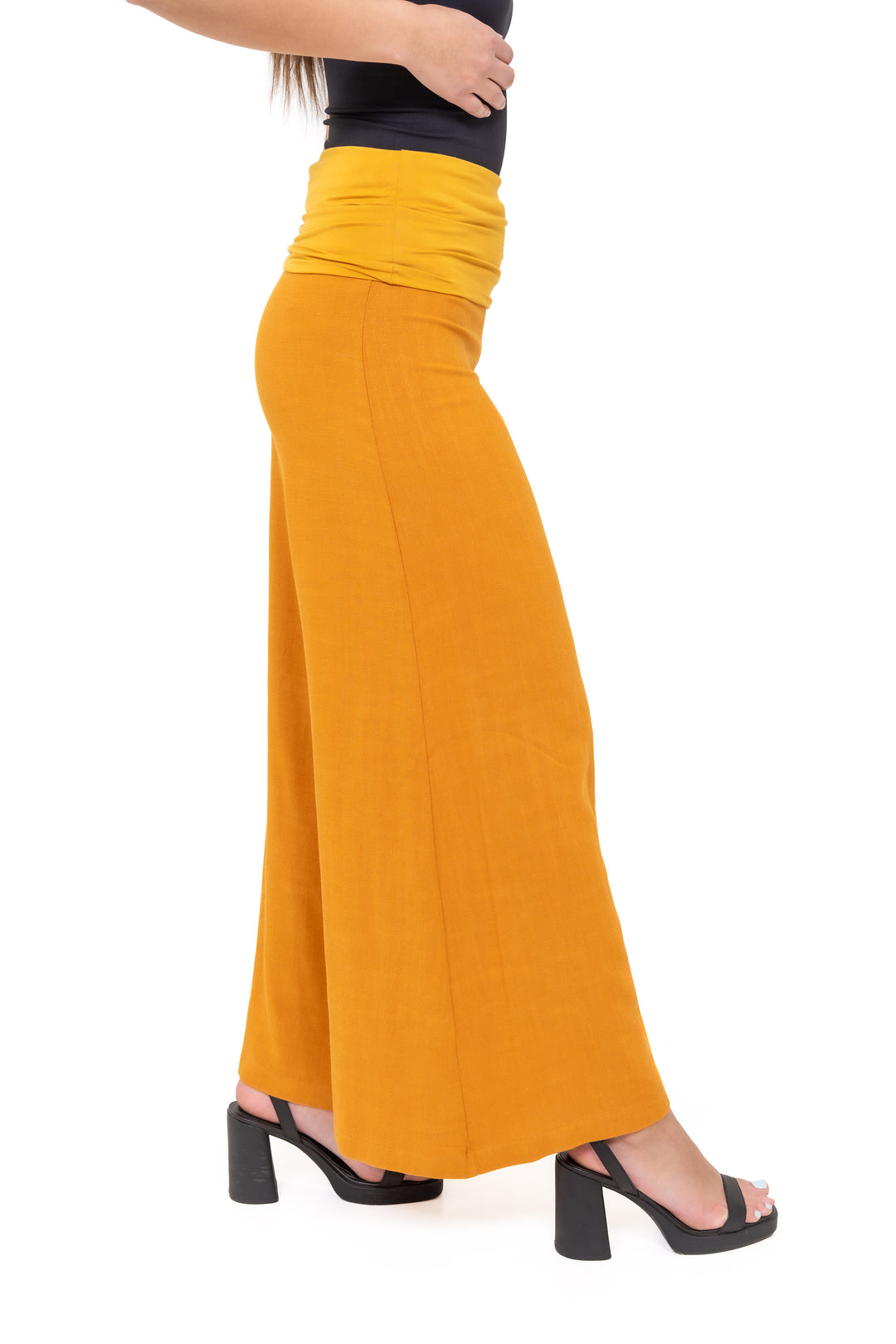 Fold-over Wide Leg Pants - Yellow