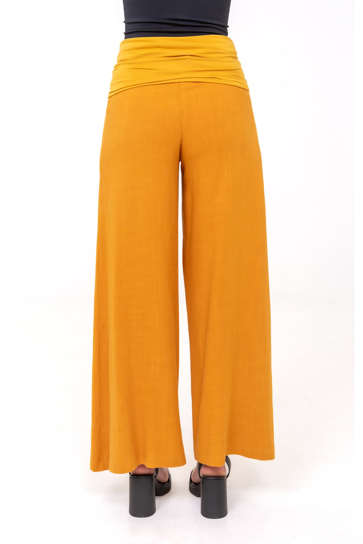 Fold-over Wide Leg Pants - Yellow