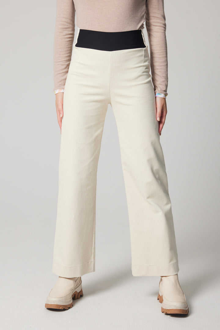 Pantalon droit taille haute en velours côtelé - Crème