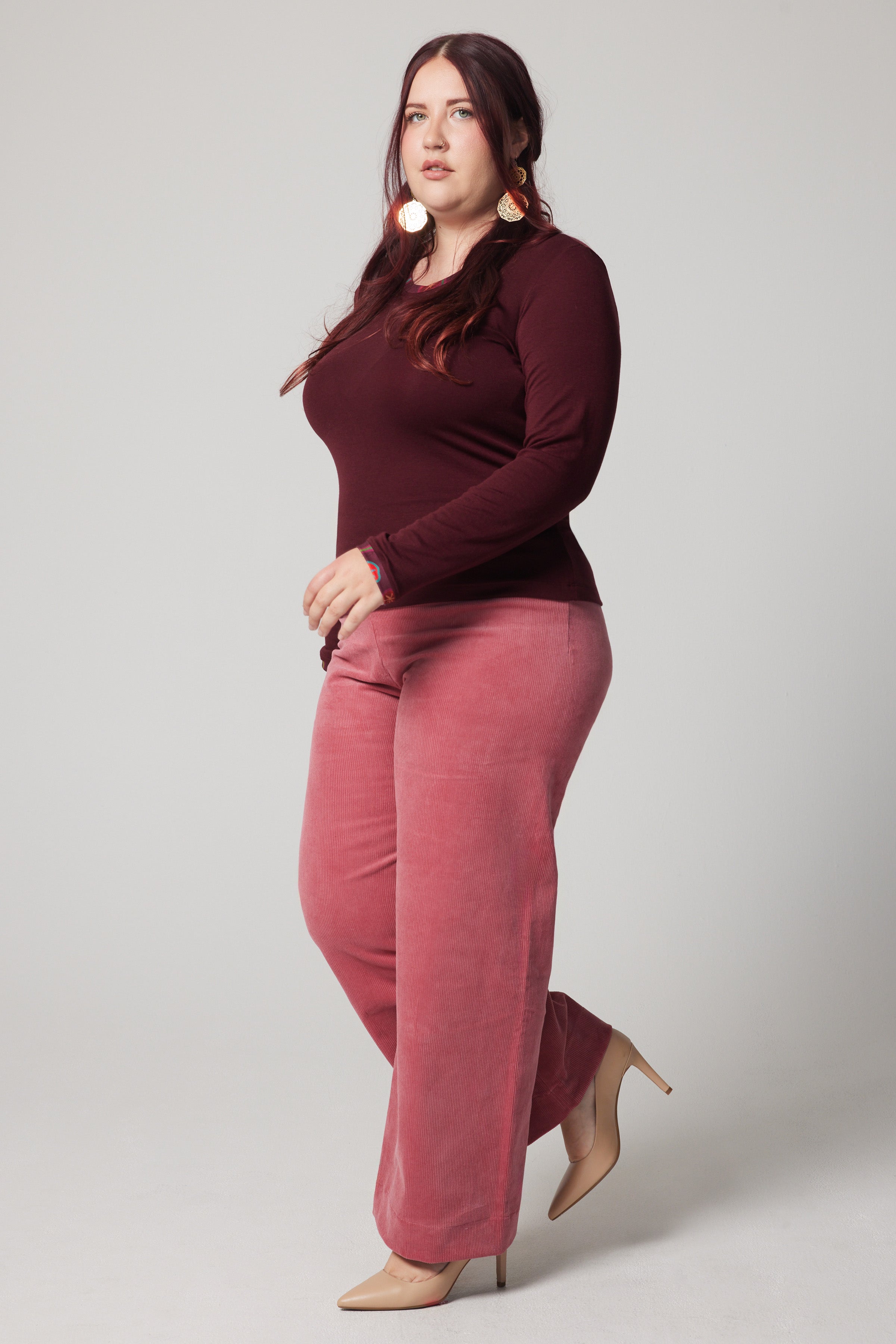 Pantalon droit taille haute en velours côtelé - Rose