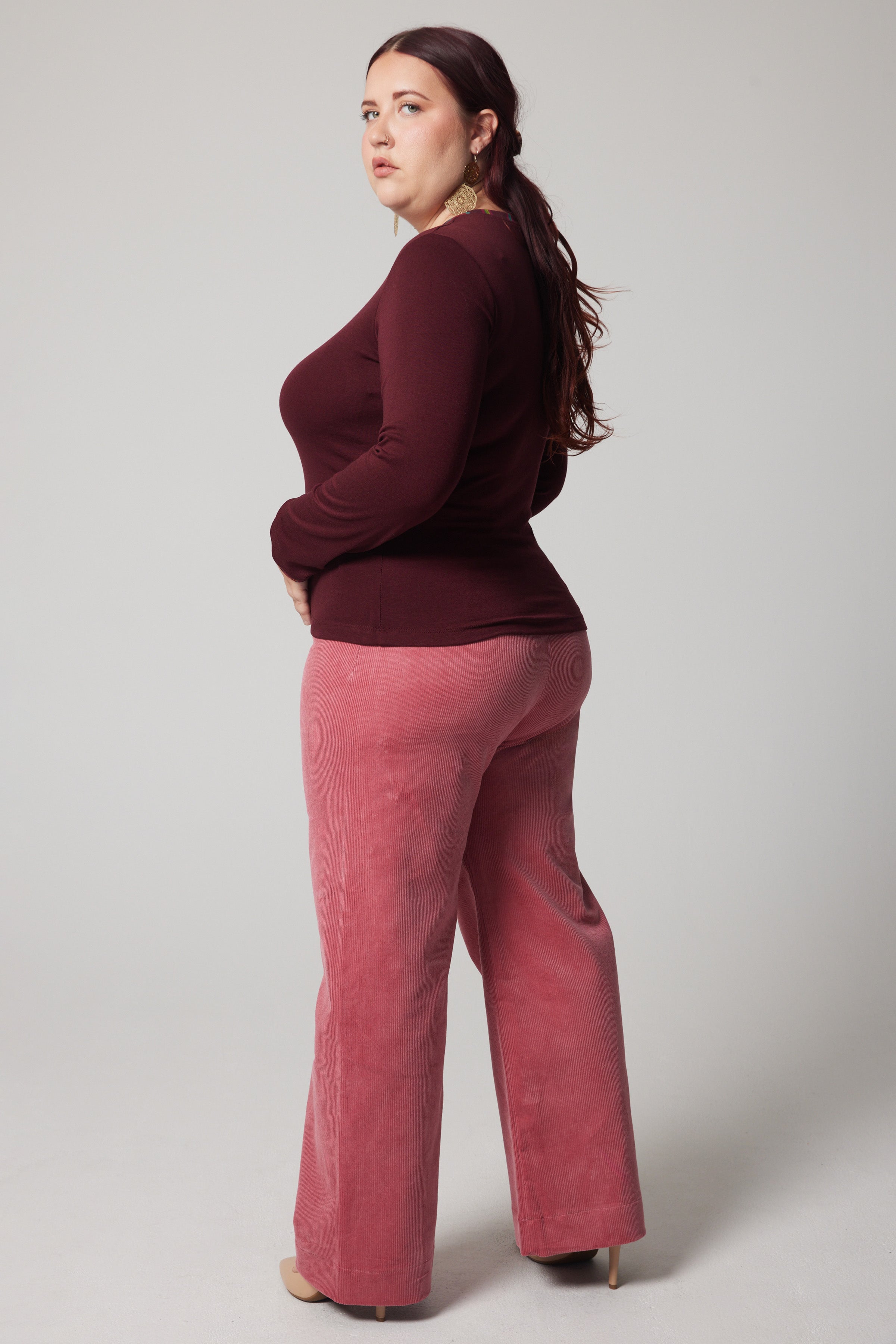 Pantalon droit taille haute en velours côtelé - Rose