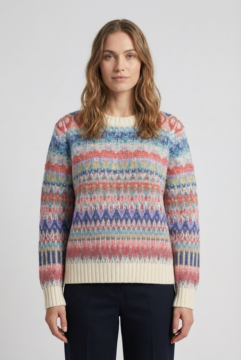 Pull col rond, motif Re-Dandy - Blanc cassé