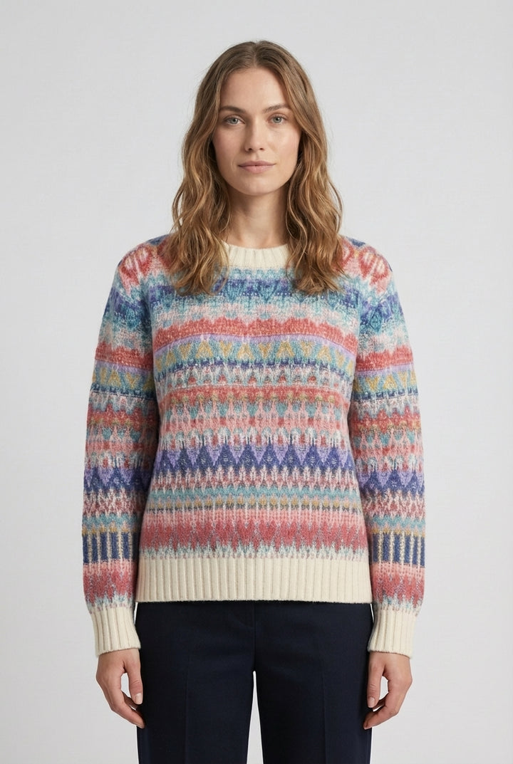 Pull col rond, motif Re-Dandy - Blanc cassé