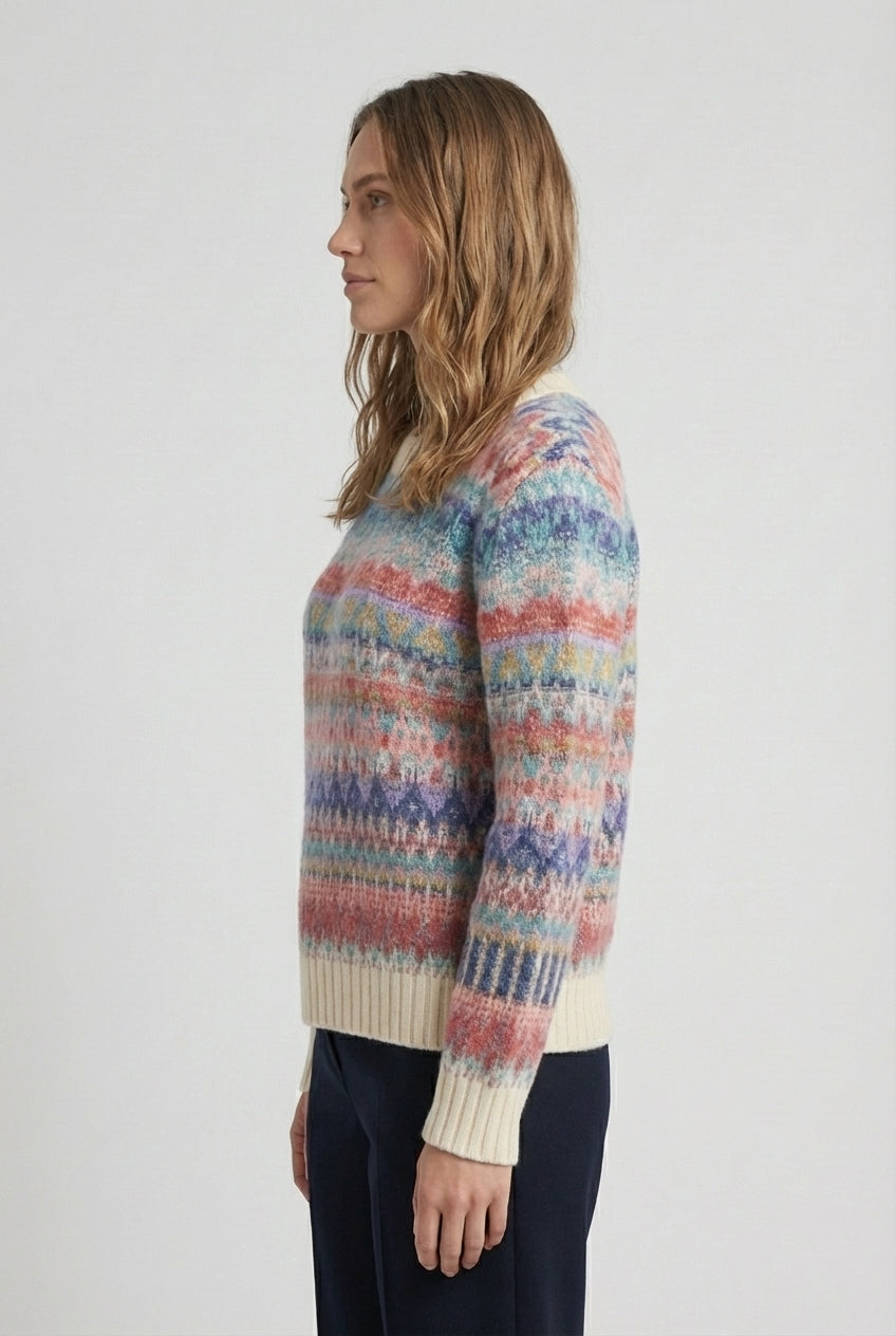 Pull col rond, motif Re-Dandy - Blanc cassé