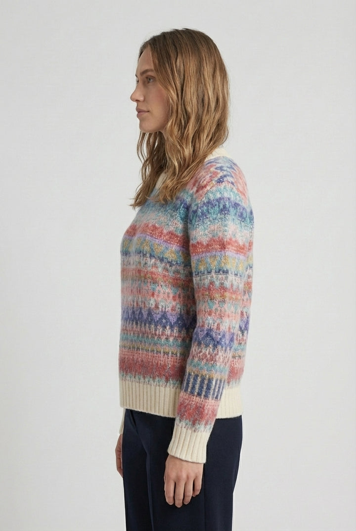 Pull col rond, motif Re-Dandy - Blanc cassé