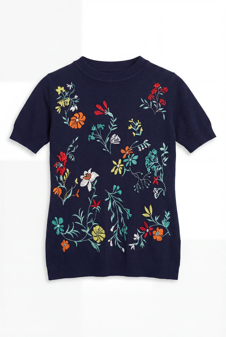 Pull avec broderies, motif floral - Bleu marine foncé