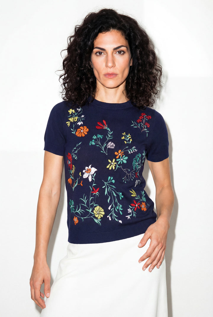 Pull avec broderies, motif floral - Bleu marine foncé