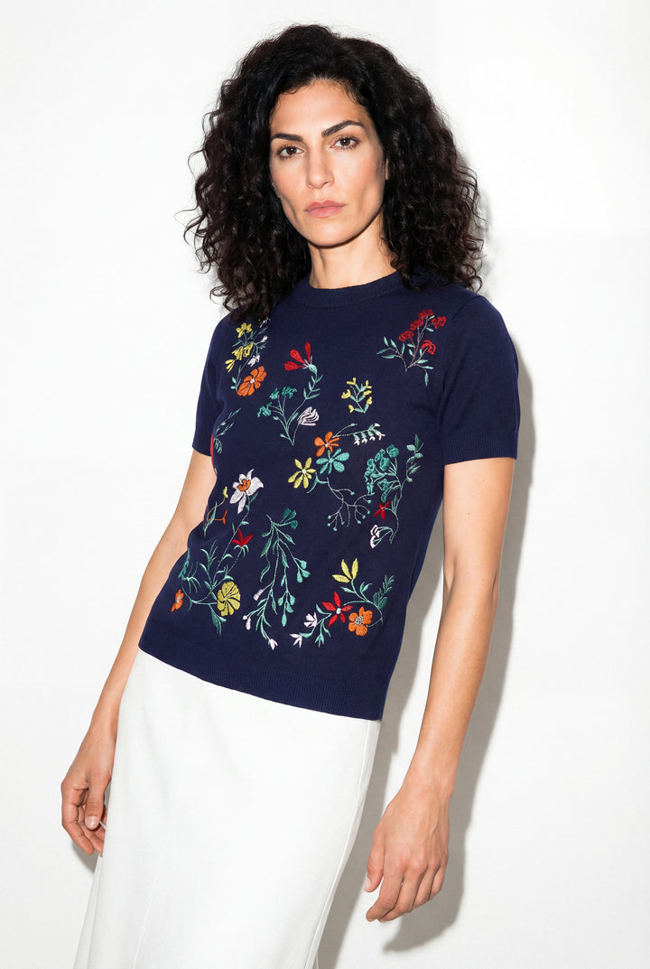 Pull avec broderies, motif floral - Bleu marine foncé
