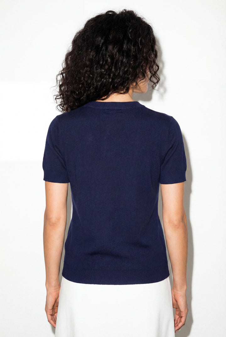 Pull avec broderies, motif floral - Bleu marine foncé