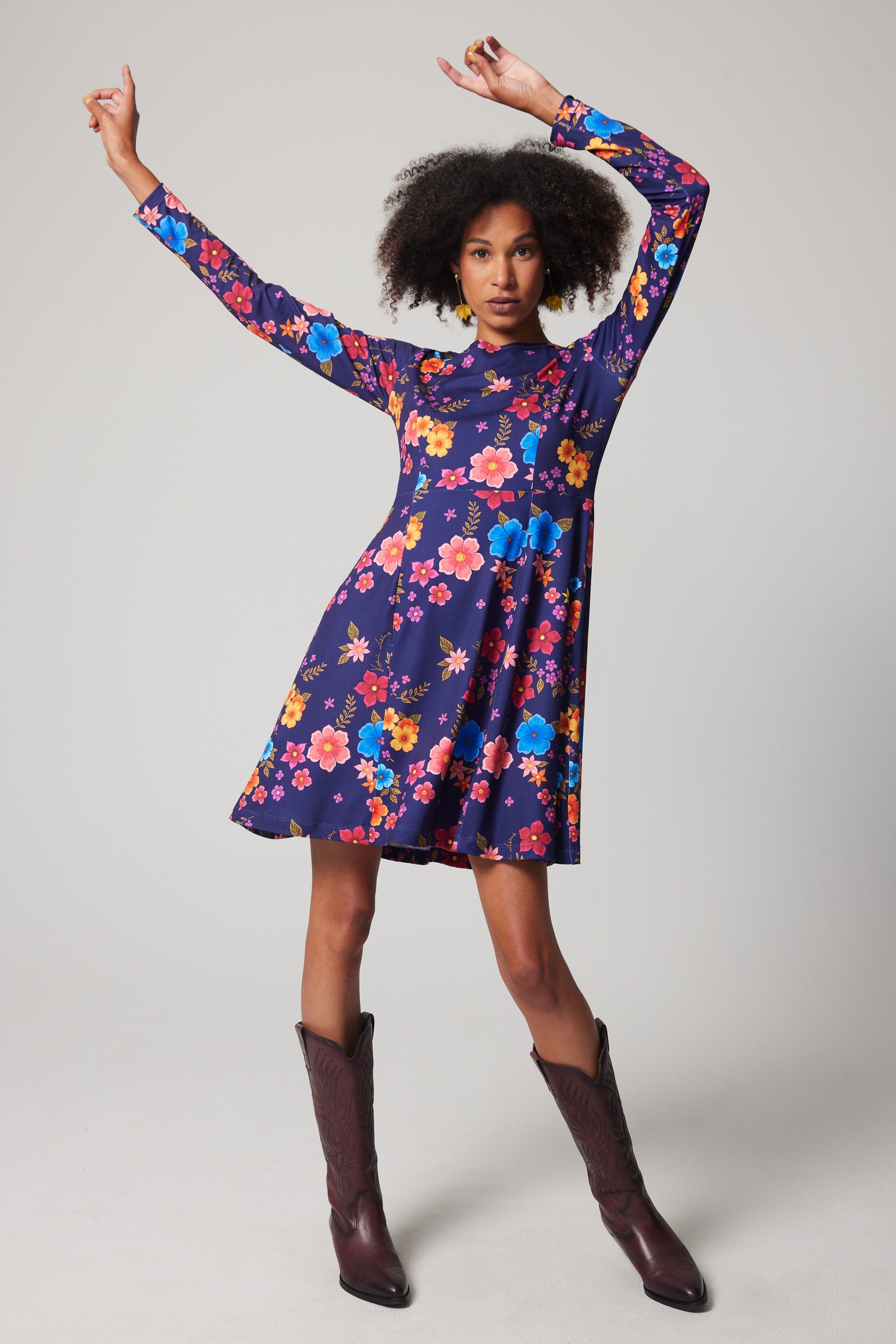 Fit and Flare Long-sleeve Dress - Midnight Bouquet