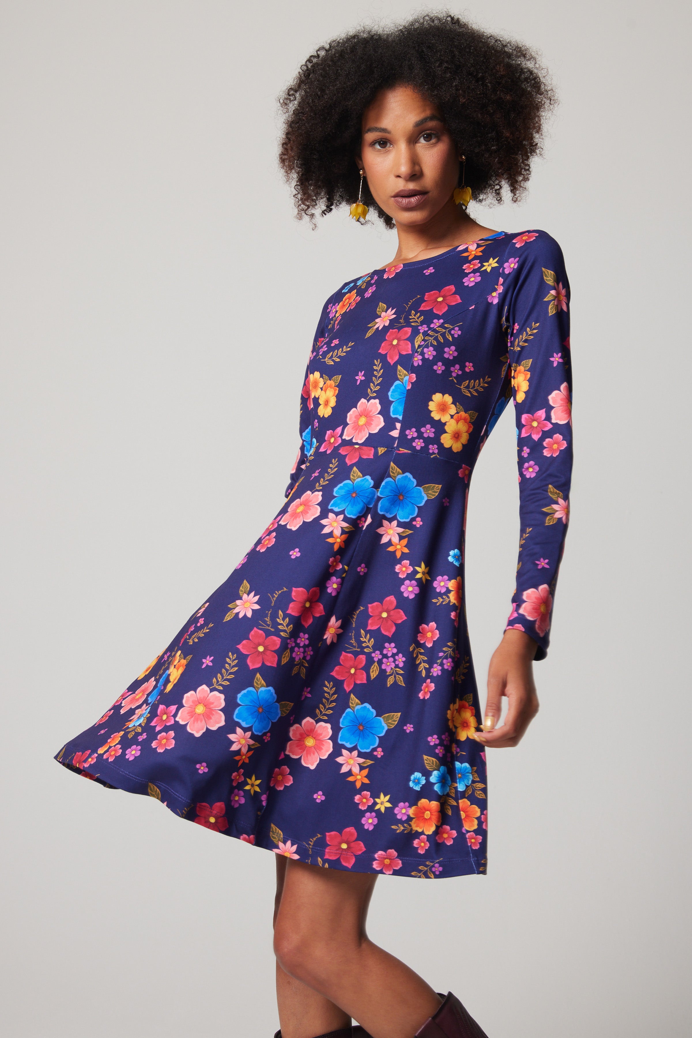 Fit and Flare Long-sleeve Dress - Midnight Bouquet