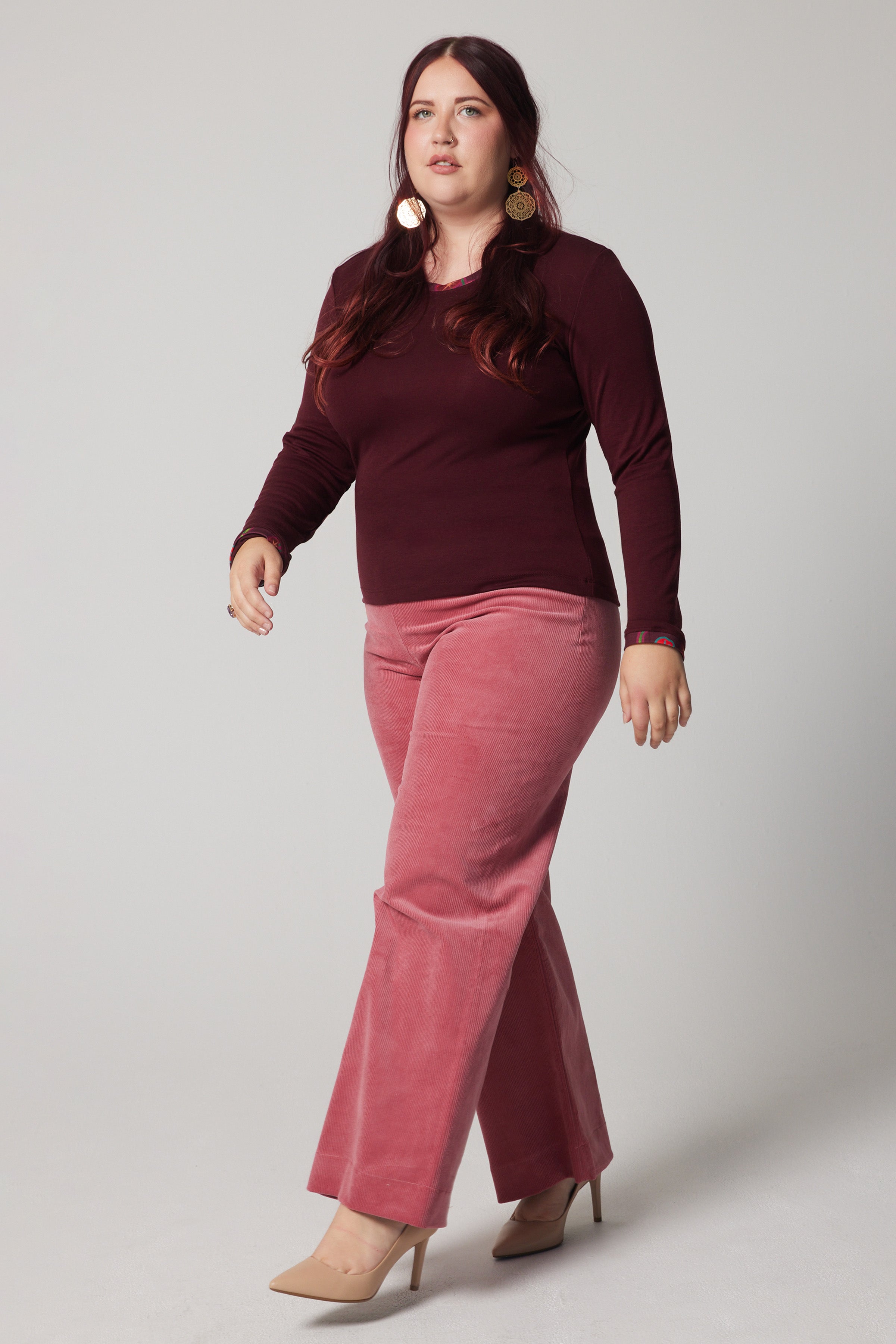 Merino Wool, Crewneck - Burgundy, nasturtiums