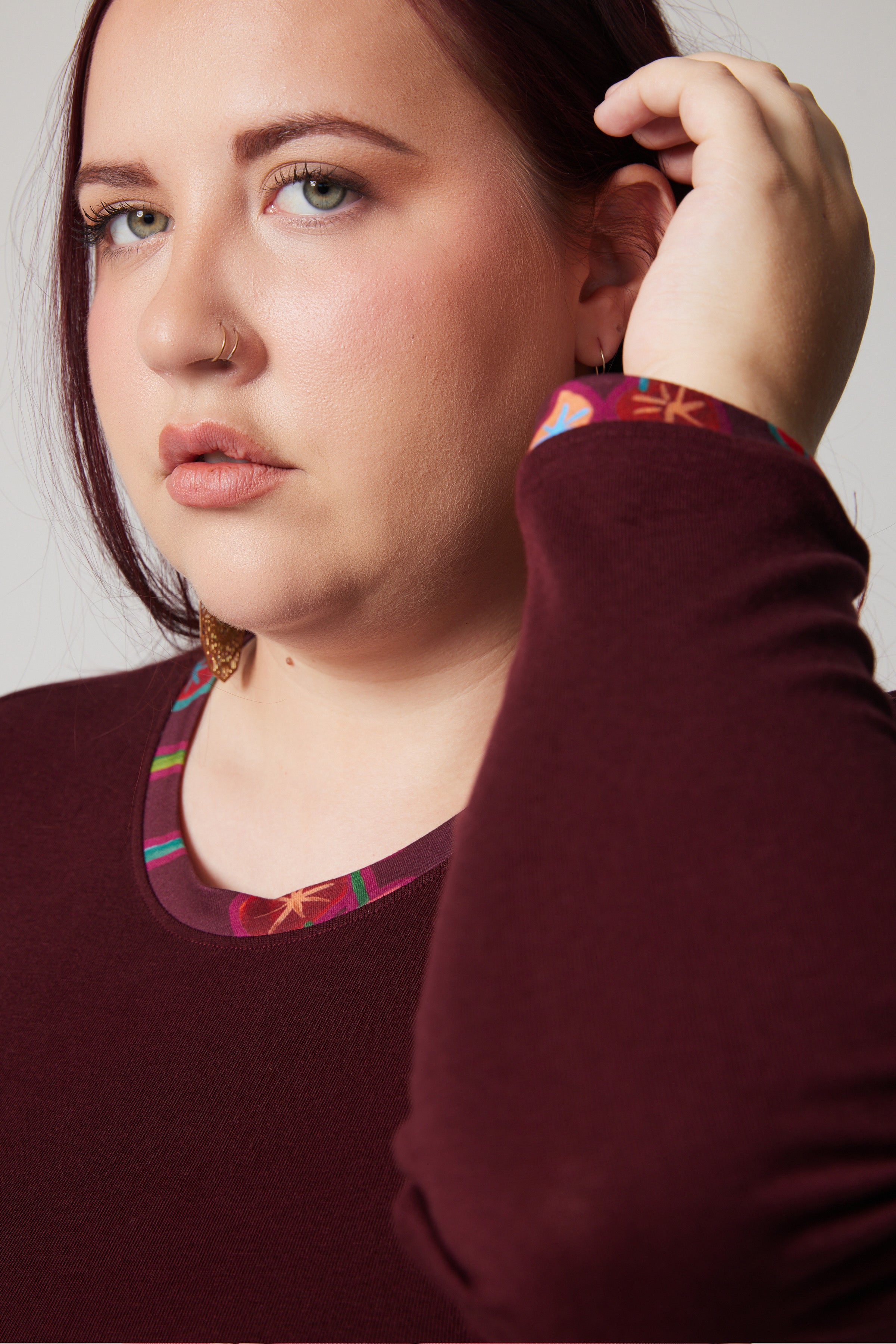 Merino Wool, Crewneck - Burgundy, nasturtiums