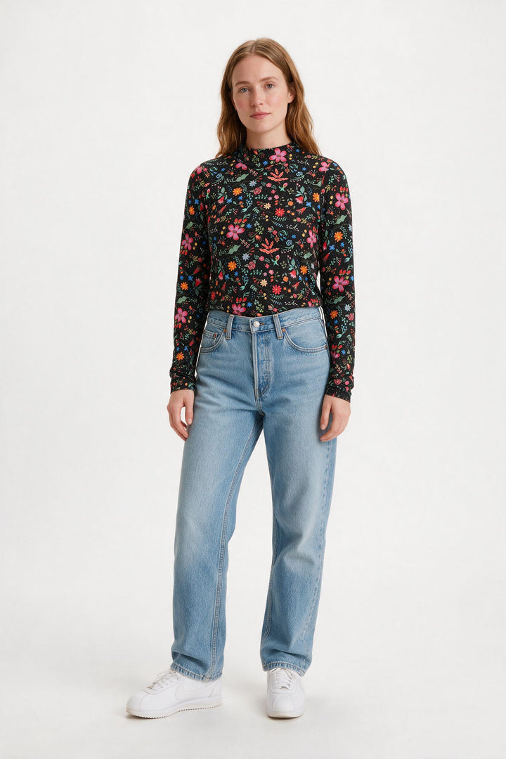 Mock Neck -  Black Floral Punch