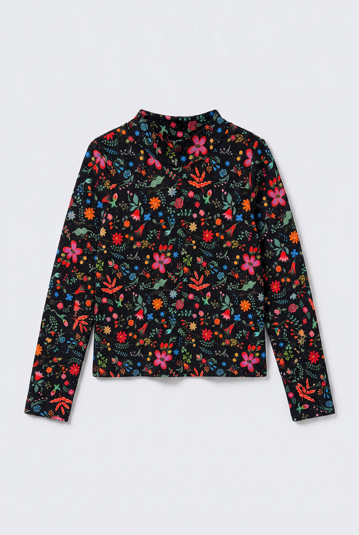 Mock Neck -  Black Floral Punch