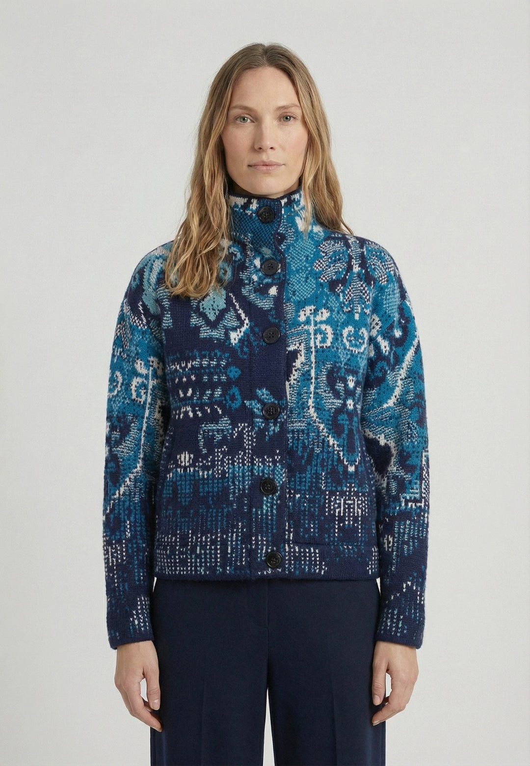 Jacquard Rollneck Jacket, Kilim Pattern - Navy