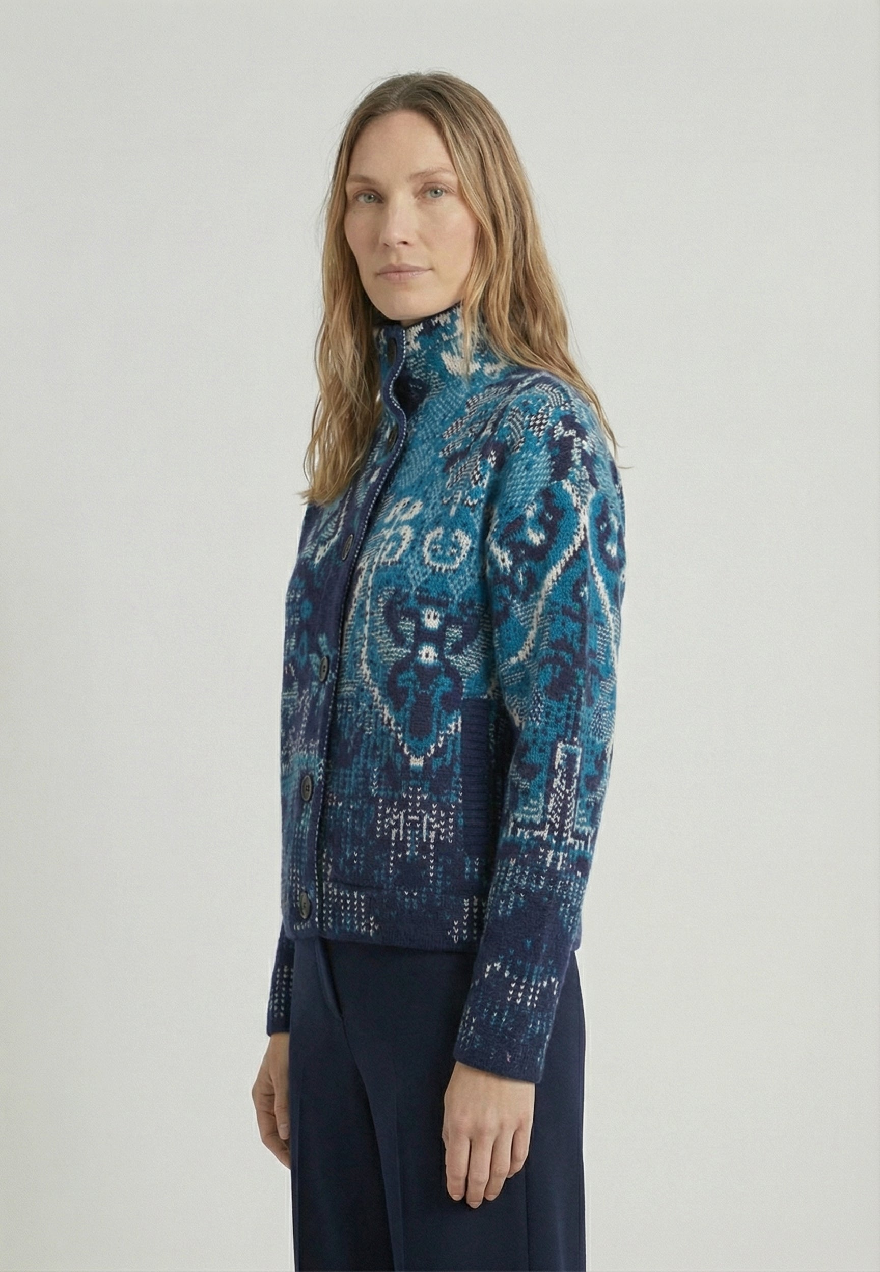 Jacquard Rollneck Jacket, Kilim Pattern - Navy