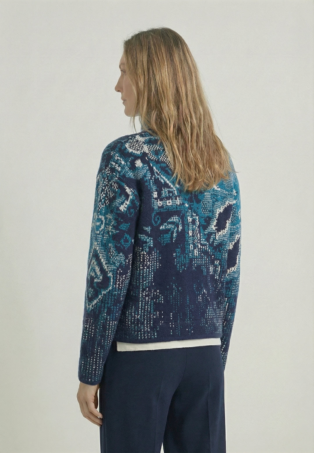 Jacquard Rollneck Jacket, Kilim Pattern - Navy