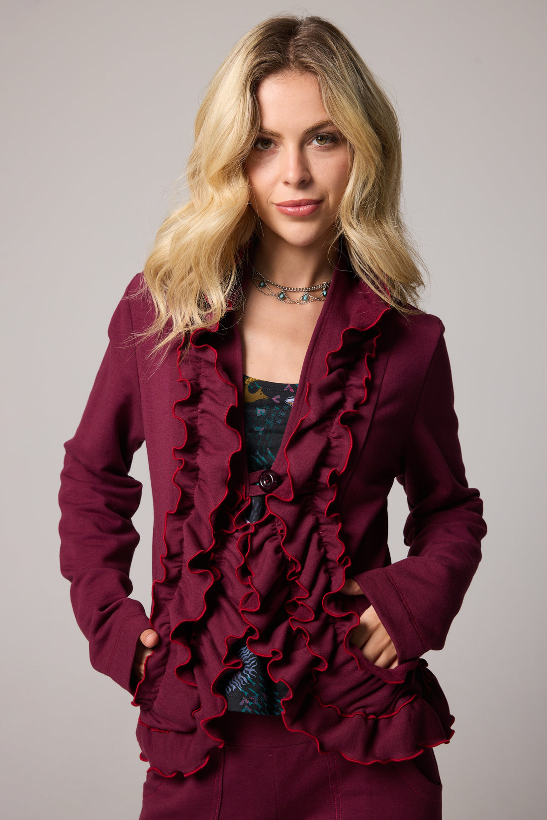 Ruffle Jacket - Burgundy