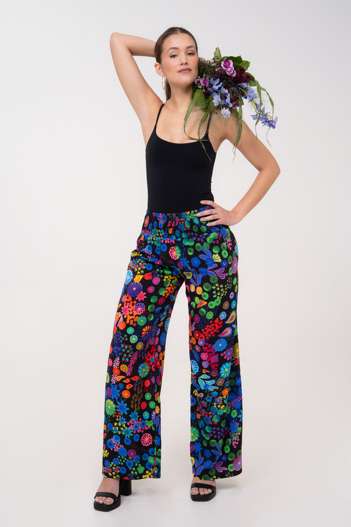 Smocked High Rise Pants - Colourama, Black